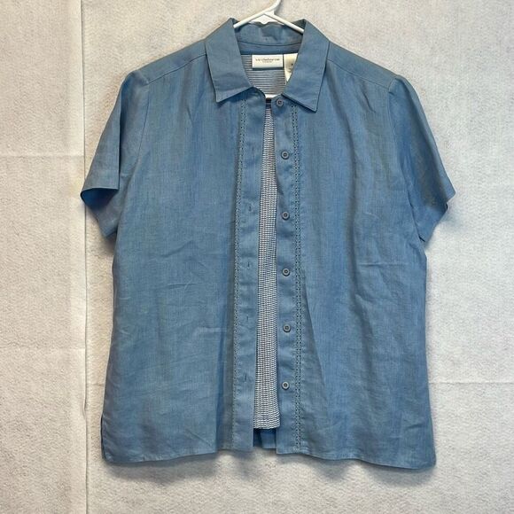 Set of 2 LIZ CLAIBORNE Liz Sport Tops Women's Medium Blue Linen Short Sleeve - Picture 1 of 15